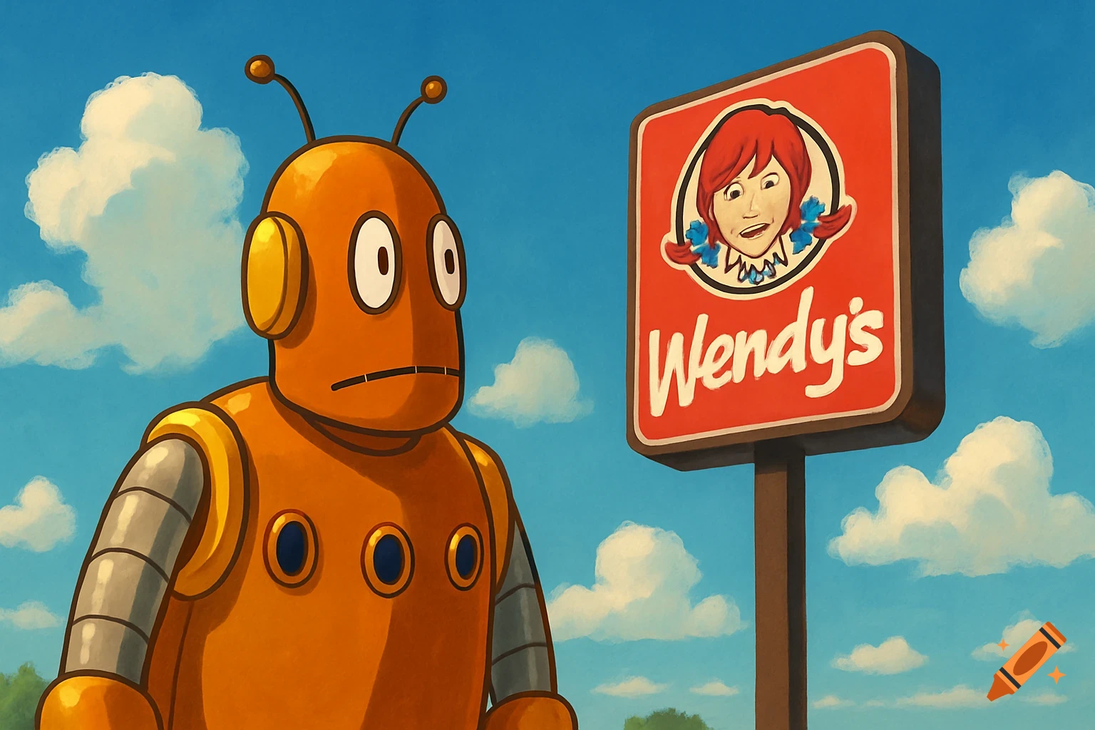 An orange cartoon robot (Moby) looks at a Wendy's fast food sign under a blue sky with clouds, in an illustrated style.