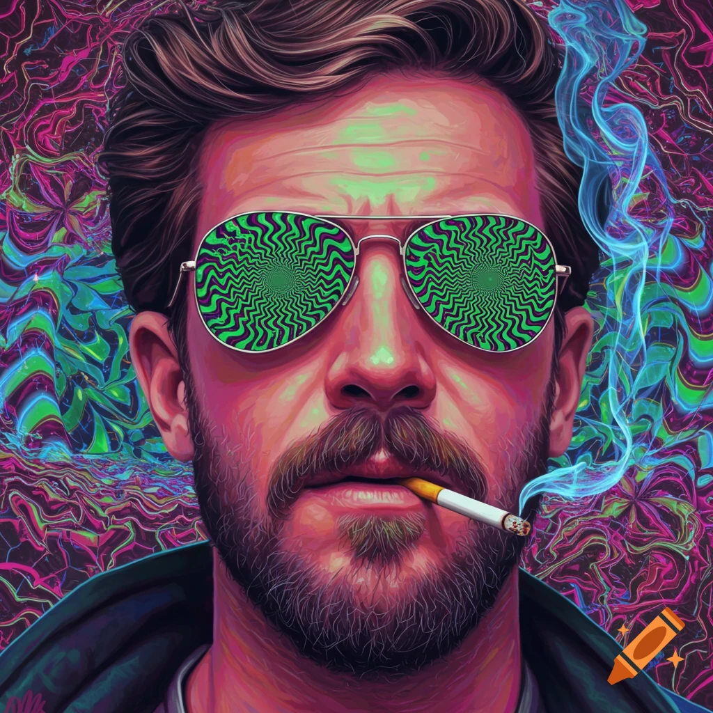 Close-up portrait of a man with a beard in aviator sunglasses with green psychedelic lenses, smoking a cigarette, against a vibrant abstract background.
