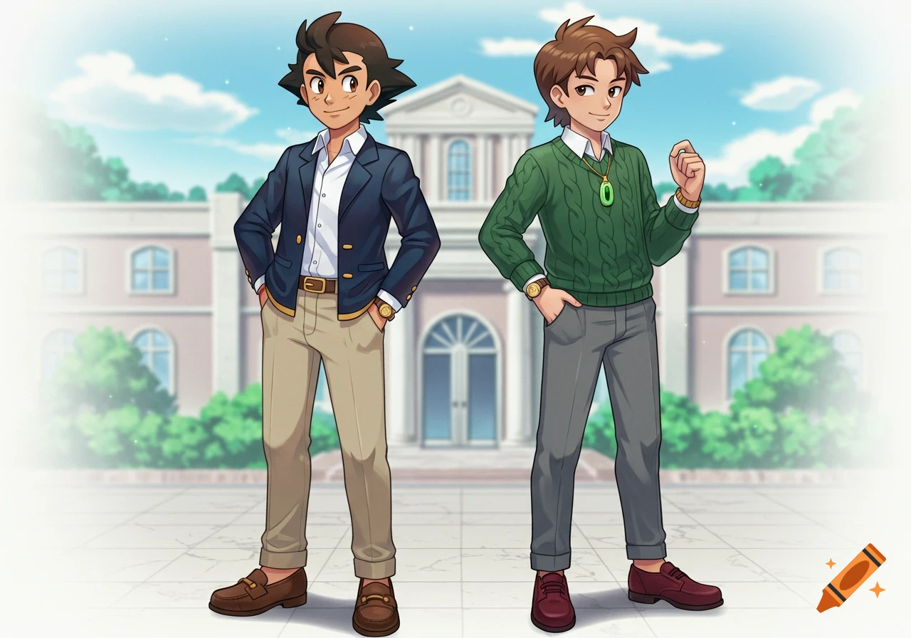 Two anime-style male characters, Ash Ketchum in a navy blazer and khaki pants and Gary Oak in a green cable-knit sweater and grey pants, stand in front of a school building.