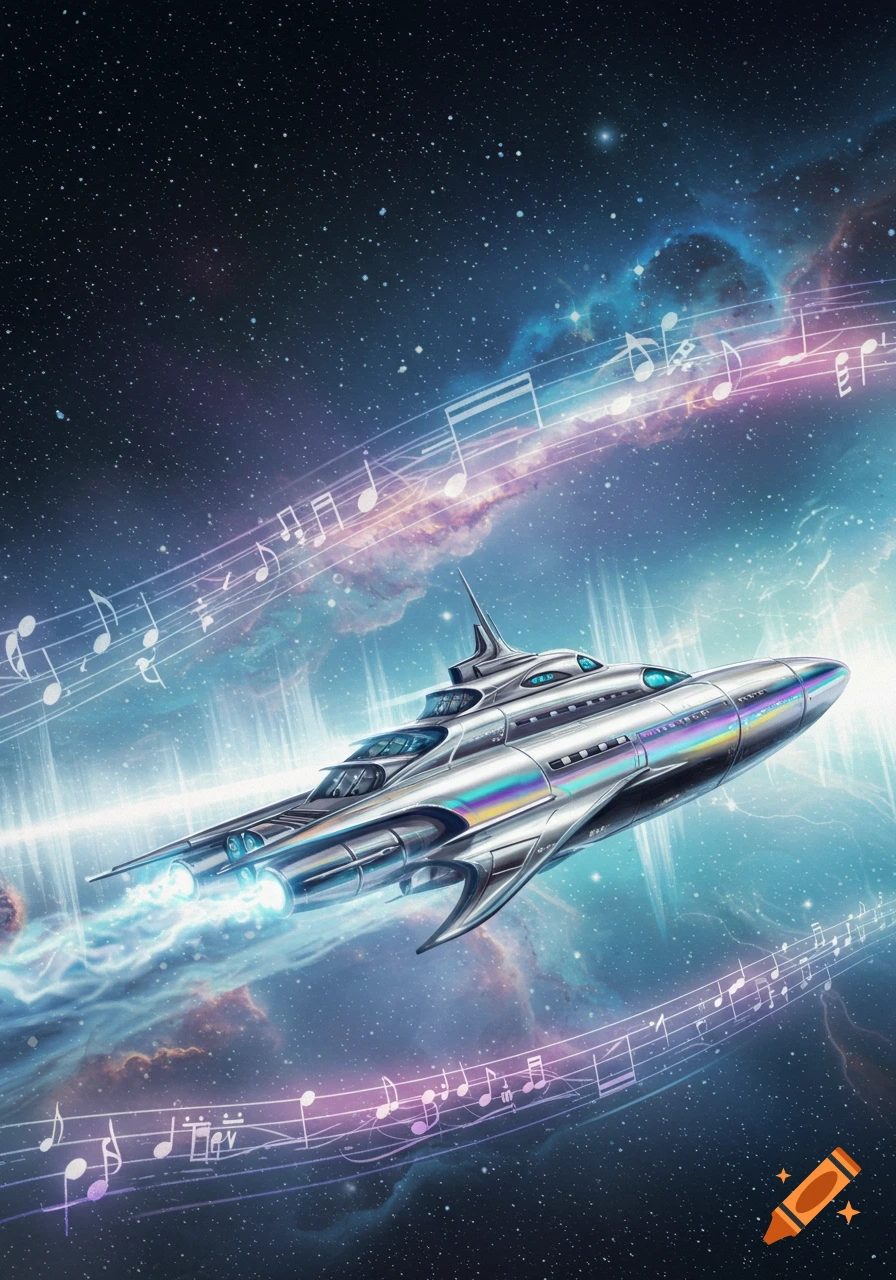 A sleek, futuristic silver spaceship cruises through a star-filled galaxy, leaving a trail of glowing light and musical notes.