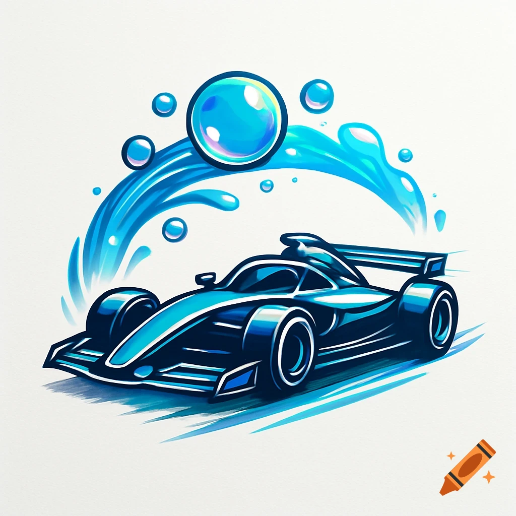 A stylized blue and black racing car with water splashes and bubbles, in a logo illustration style.