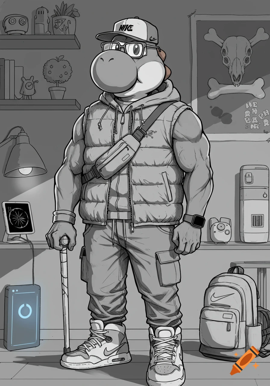 A muscular humanoid Yoshi character wearing a Nike hat, glasses, a hooded vest, cargo pants, and sneakers, holding a cane in a room with shelves, a lamp, and a skull poster.