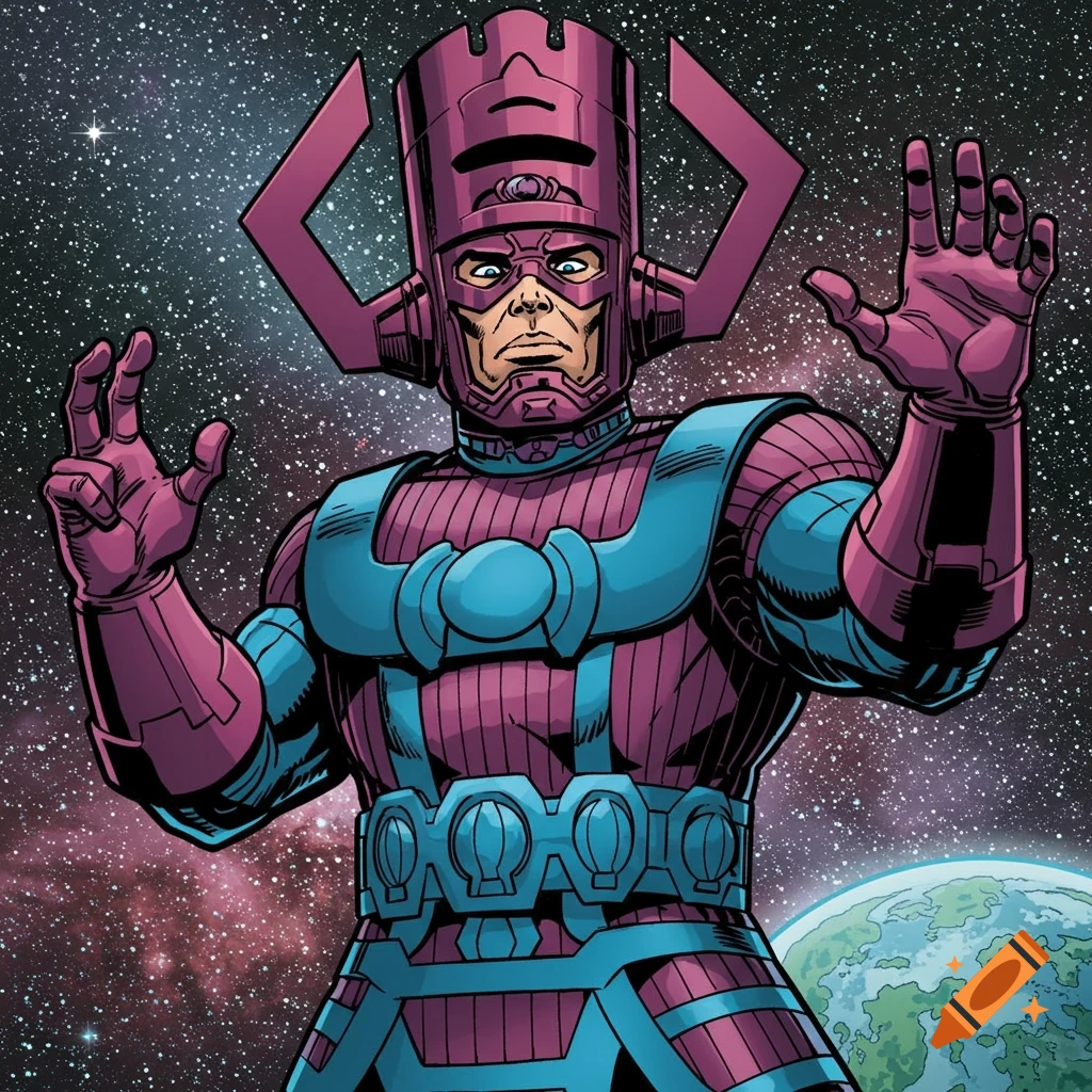 A comic book style illustration of Galactus, a large purple and blue armored being, standing in space with a planet behind him and his hands raised.