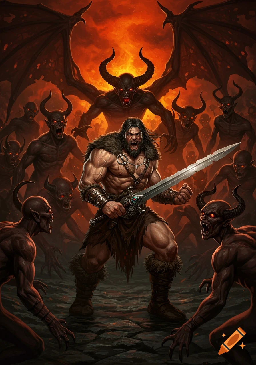 A muscular barbarian with a sword yells as he is surrounded by an army of horned demons in a fiery, hellish landscape.