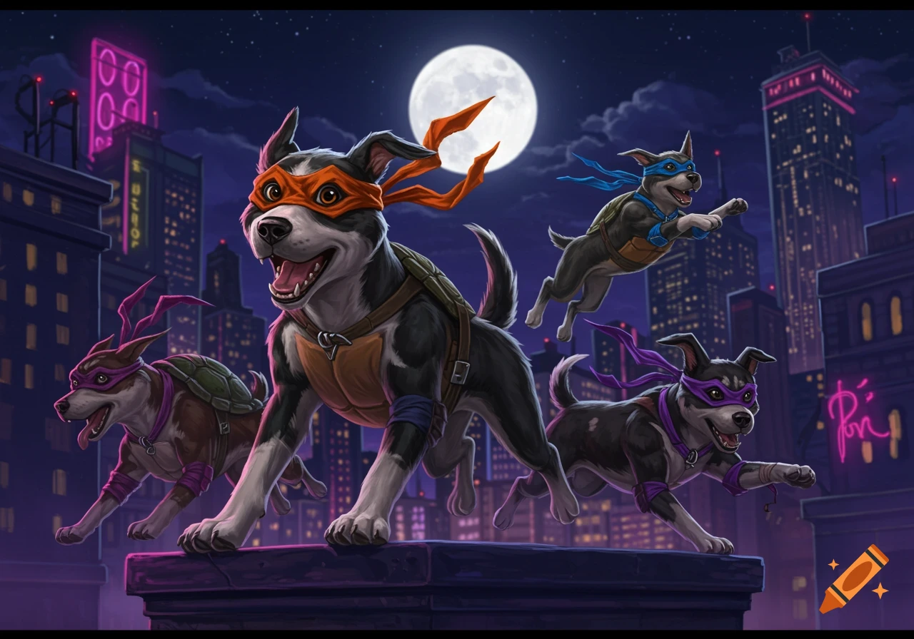 Four cartoon dogs dressed as Teenage Mutant Ninja Turtles run across a rooftop at night with a full moon and city skyline in the background.