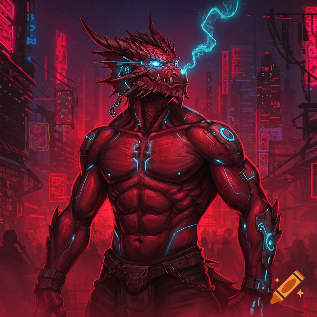 Red dragon-like cybernetic creature with glowing blue accents standing in a neon-lit cyberpunk city.