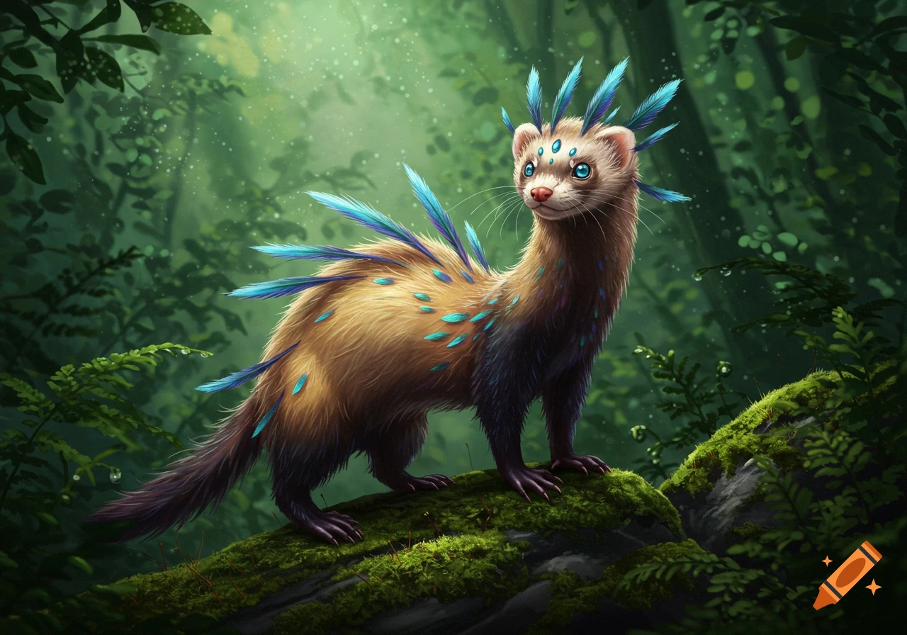A fantastical ferret-like creature with brown fur, blue feathery spines, and glowing blue eyes, stands on a mossy log in a lush green forest.