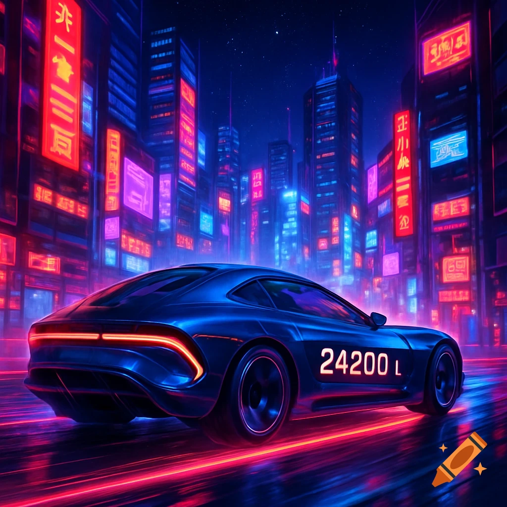 A sleek, dark blue futuristic car with glowing red and blue lights drives through a neon-lit cyberpunk city at night.