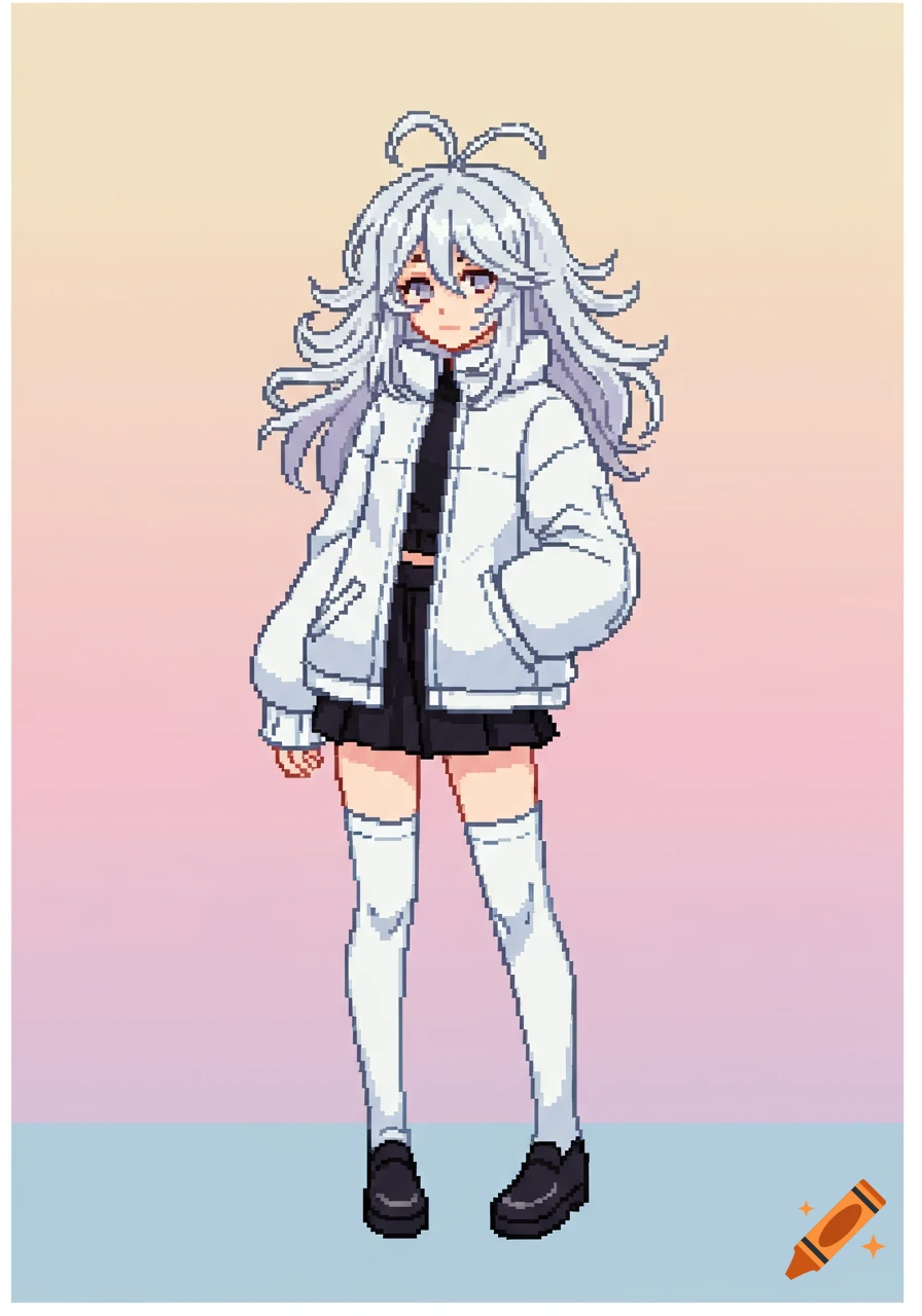 Pixel art anime girl with silver messy long hair, wearing a white oversized jacket, black skirt, white leg warmers, and black shoes, standing front-facing.