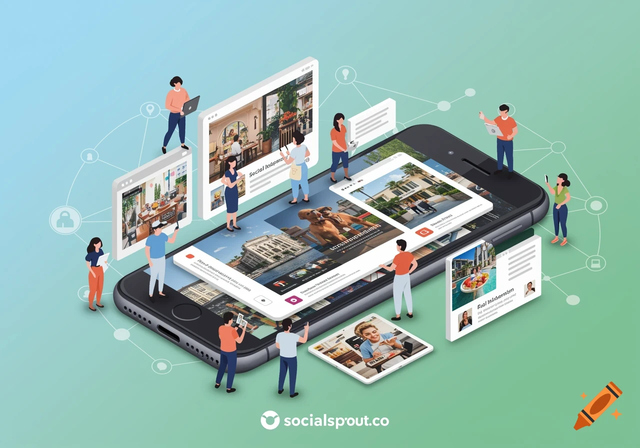 An isometric illustration of a large smartphone displaying social media feeds, surrounded by smaller screens and tiny people interacting with the content, all on a gradient green and blue background.