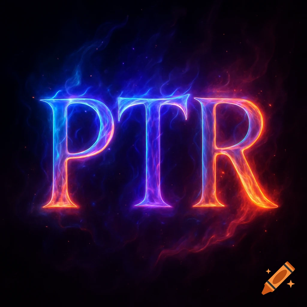 The letters PTR glowing with vibrant blue, purple, and orange fiery aura against a dark background.