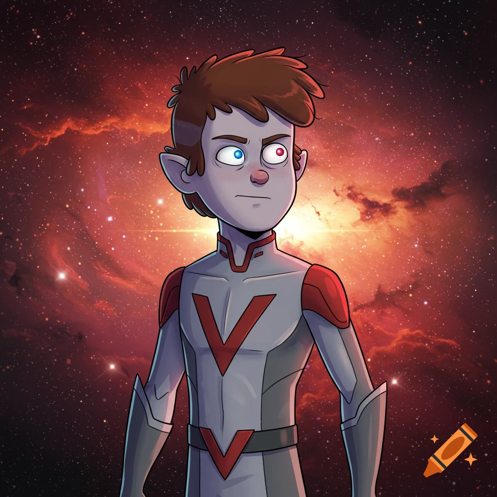 A cartoon boy with brown hair, one blue and one red eye, wearing a gray and red suit with 'V' symbols, stands against a red nebula and starry sky.