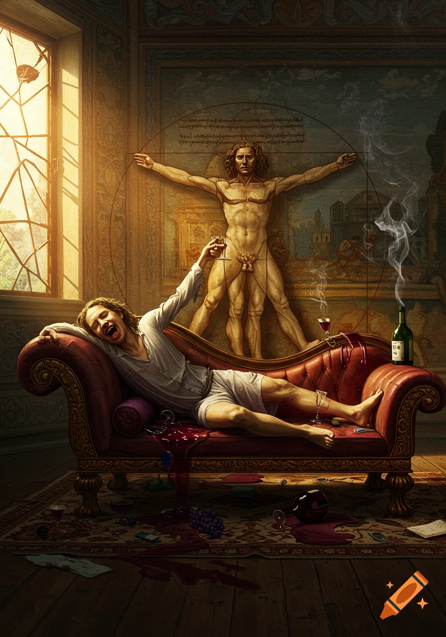 A man in white pajamas lies passed out on a red chaise lounge surrounded by spilled wine, as a sculptural Vitruvian Man stands in the background on an ornate wall, holding a wine glass.