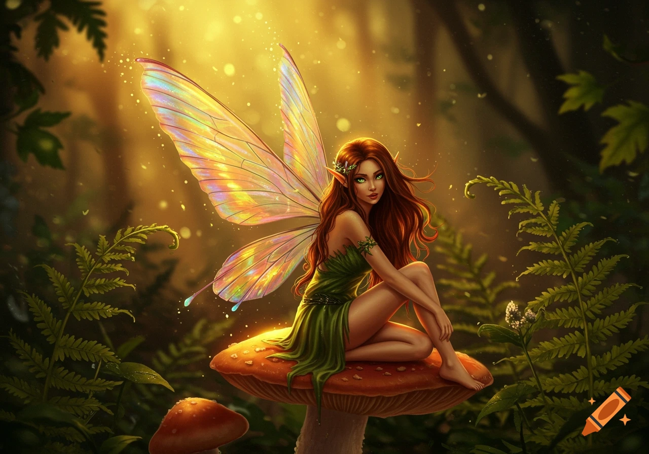 A fantasy fairy with long brown hair, green eyes, and shimmering rainbow wings sits gracefully on a mushroom in a sunlit forest.
