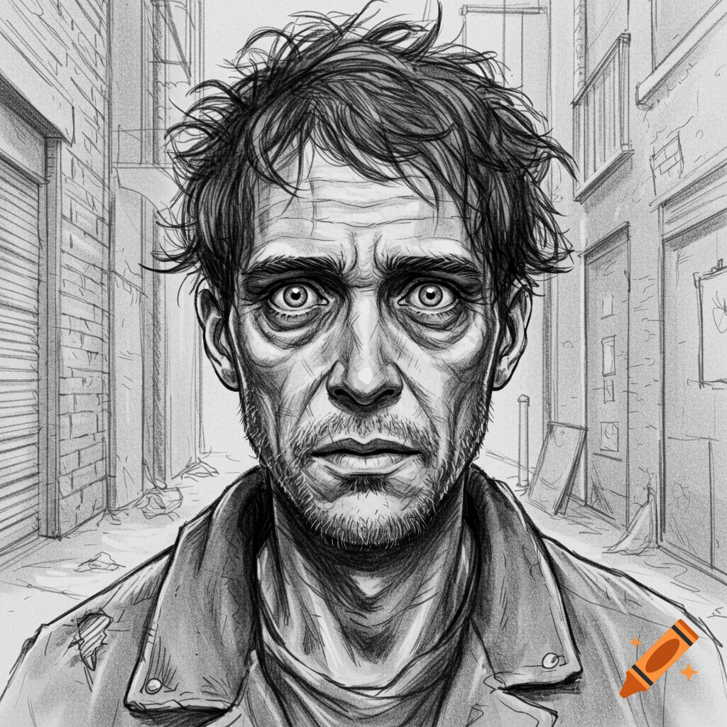 A detailed sketch drawing of a disheveled man with wide, desperate eyes, standing in an urban alleyway.