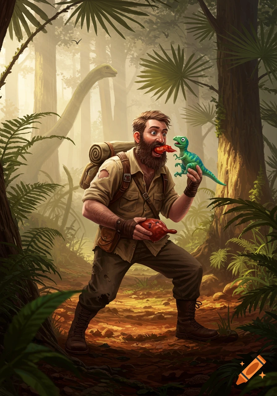 A bearded explorer in a jungle holds a small green dinosaur and eats a red fruit, with a large brachiosaurus in the misty background, in an adventurous illustration style.