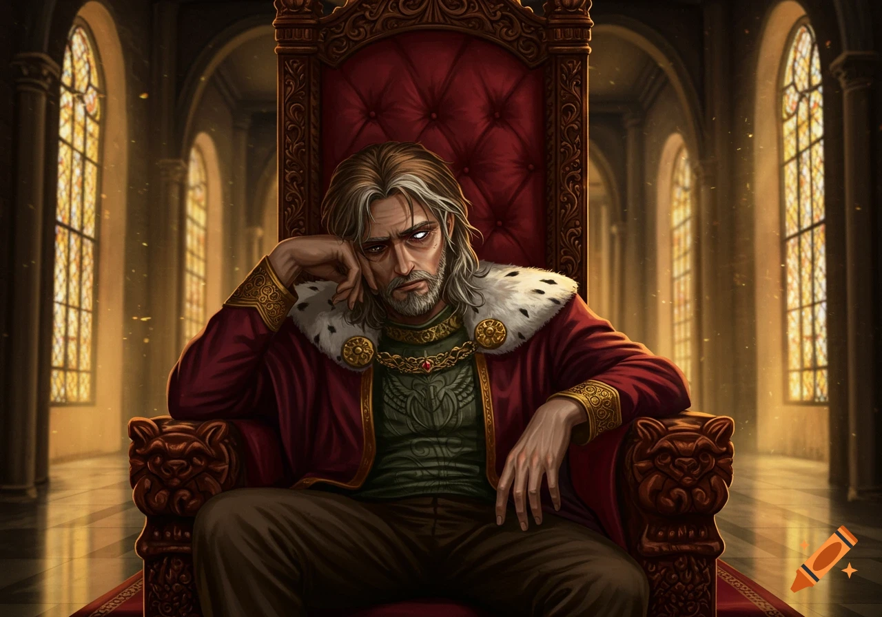 A tired king with white-tipped brown hair and a glowing white eye sits on a red throne in a grand hall.