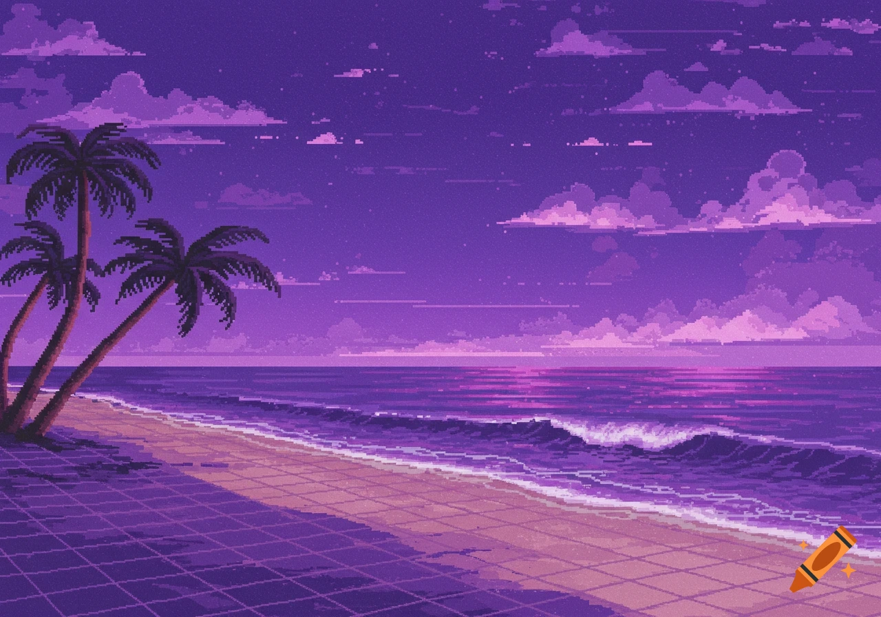 A pixel art beach scene at sunset with a vibrant purple sky and clouds, palm trees, and waves on the shore with a grid pattern on the sand.
