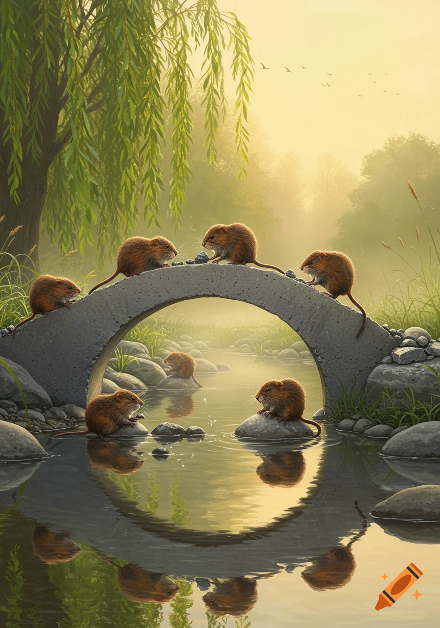 Small brown rodents on and around a concrete bridge over a stream with a willow tree.