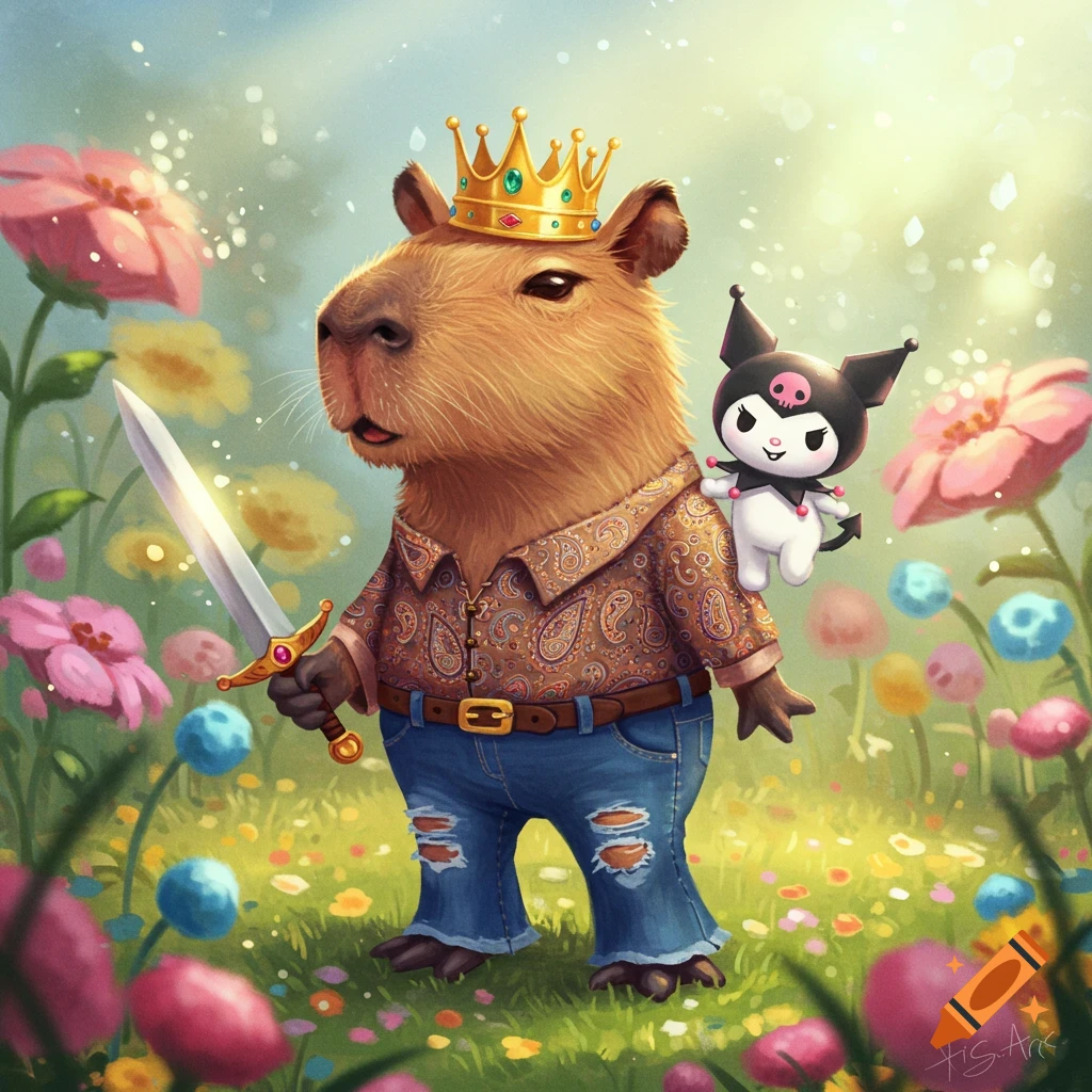 A crowned capybara in a paisley shirt and ripped jeans holds a sword, with a Kuromi figure on its shoulder, in a flowery field.