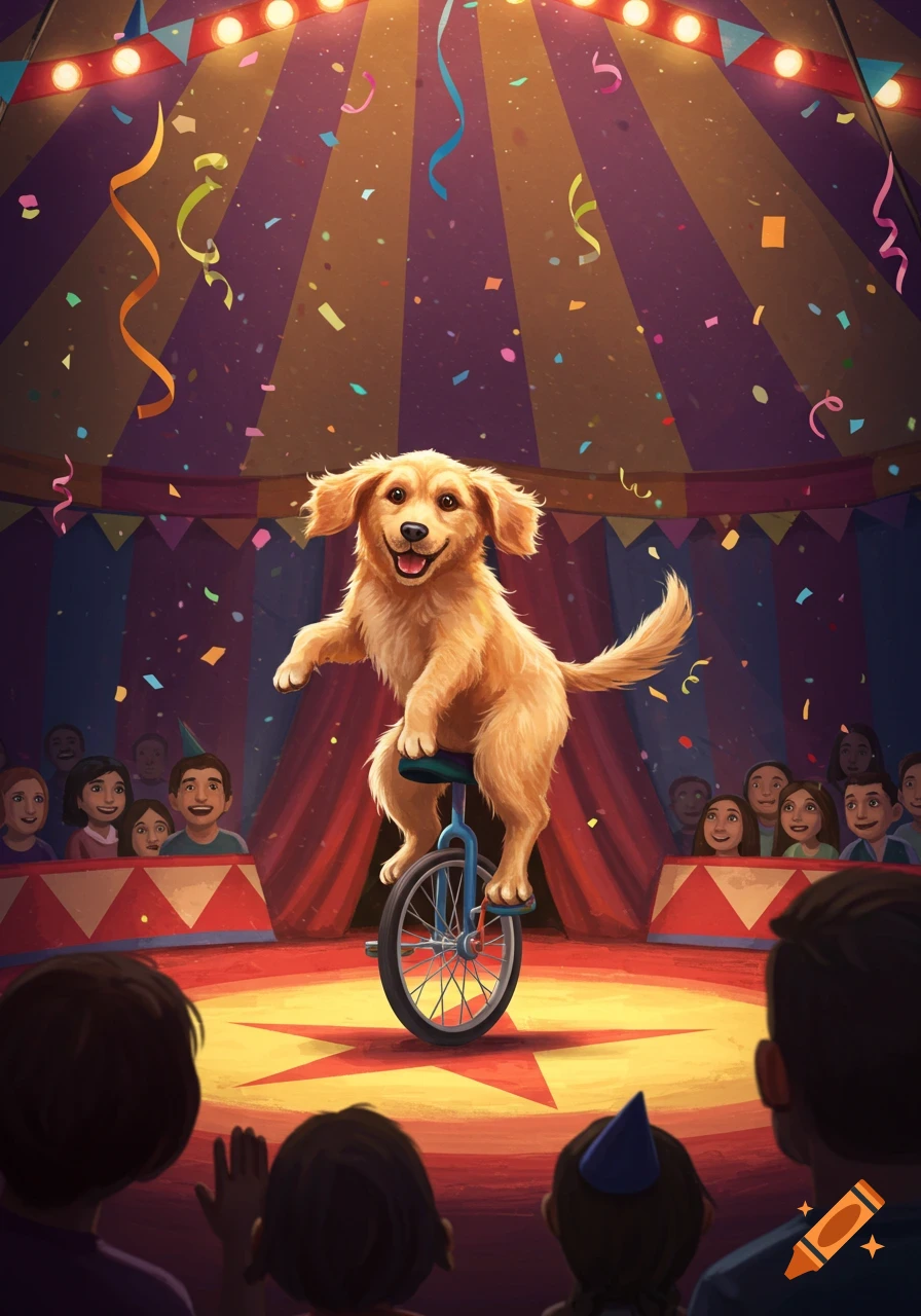 A happy golden retriever puppy performs on a unicycle in a colorful circus tent with an audience and falling confetti.
