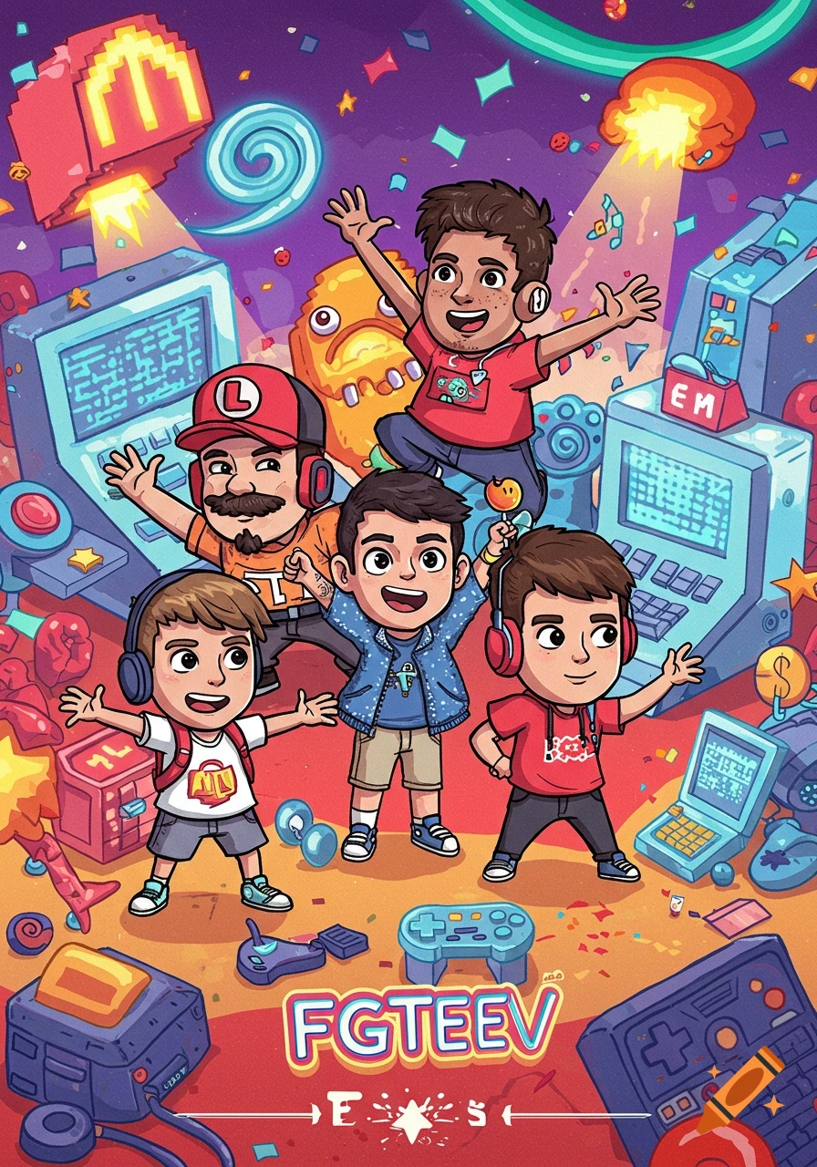 Cartoon style image of four boys and a man, celebrating amidst video game consoles, pixel art, and confetti, with the text FGTEEV.