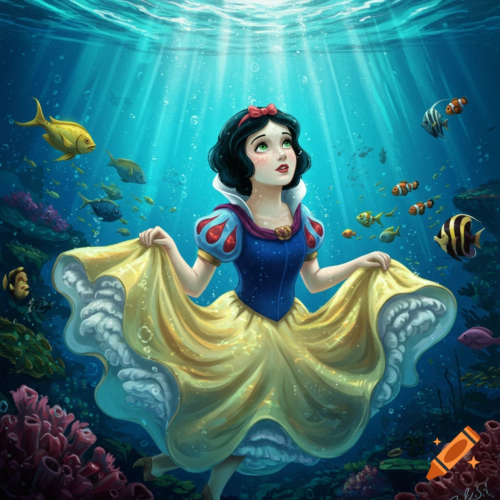 Illustrative depiction of Snow White floating underwater in her classic dress, surrounded by fish and coral, with light shining from above.