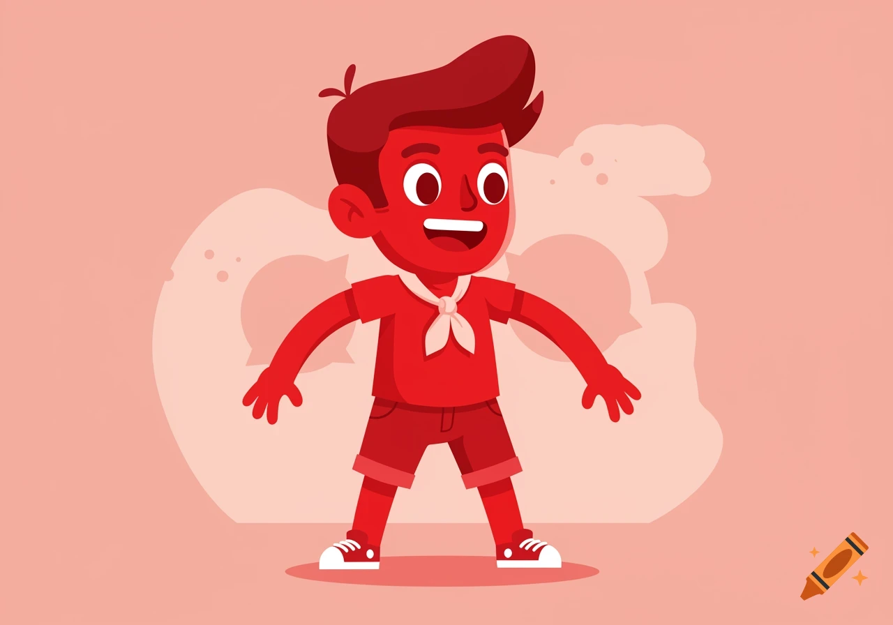 A cheerful red cartoon boy with red skin and hair, wearing a white ascot, red t-shirt, shorts, and sneakers.