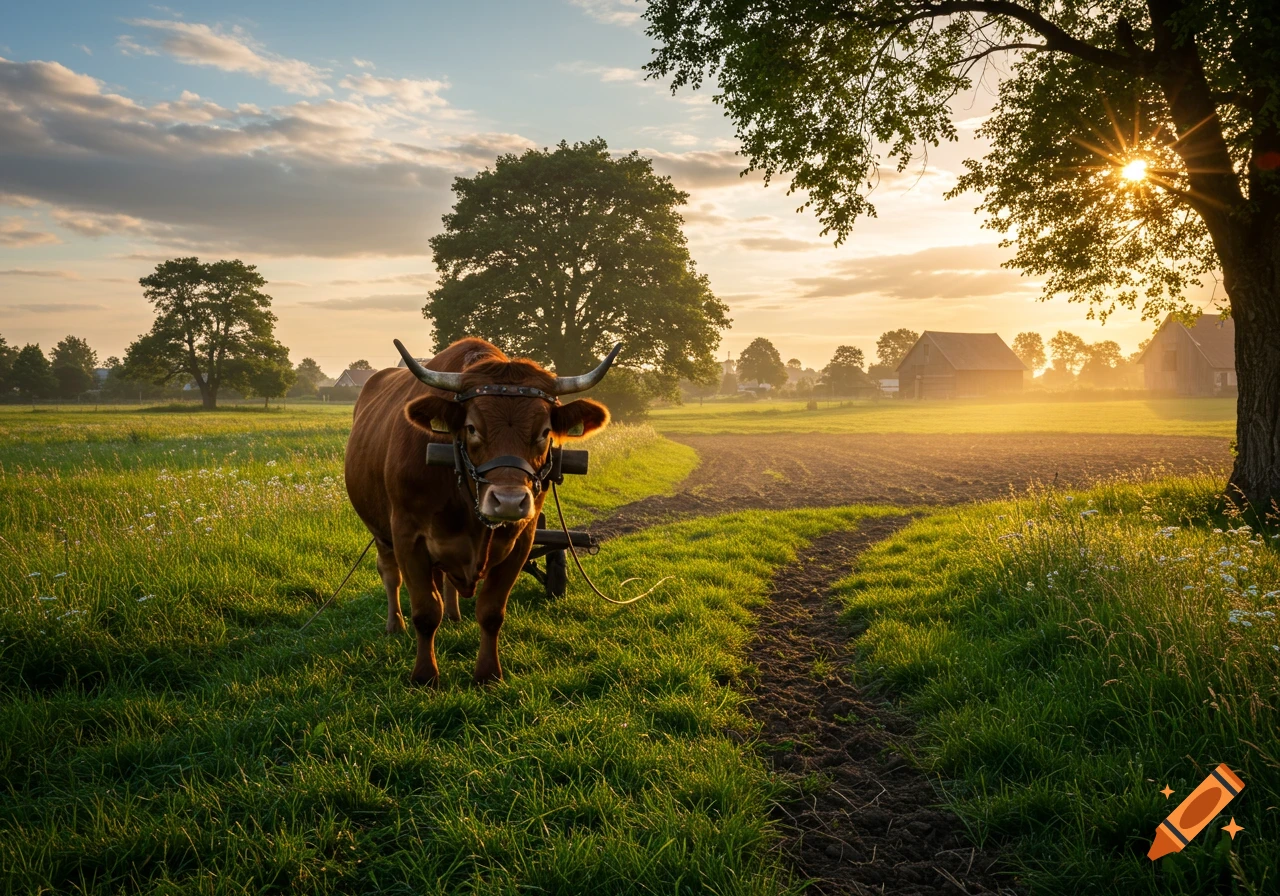A brown ox wearing a yoke stands in a green, misty field at sunrise, with barns and trees in the background.