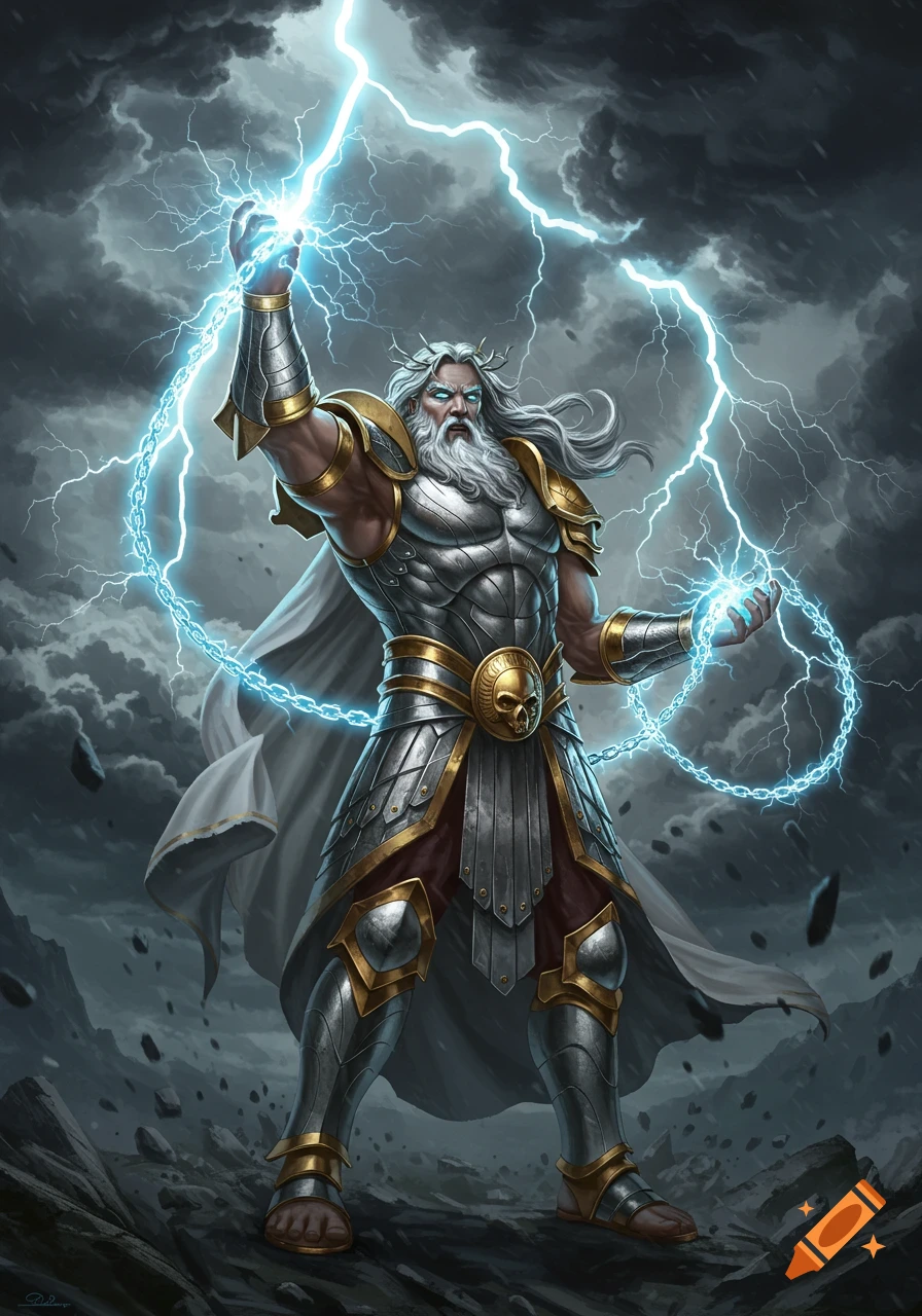 A powerful, armored Zeus with white hair and beard stands in a stormy, rocky landscape, summoning glowing blue lightning chains.