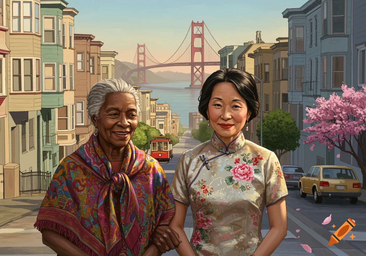Two elderly women, one Black and one Chinese, walk arm-in-arm on a San Francisco street, with the Golden Gate Bridge and a cable car in the background. Illustrated style.