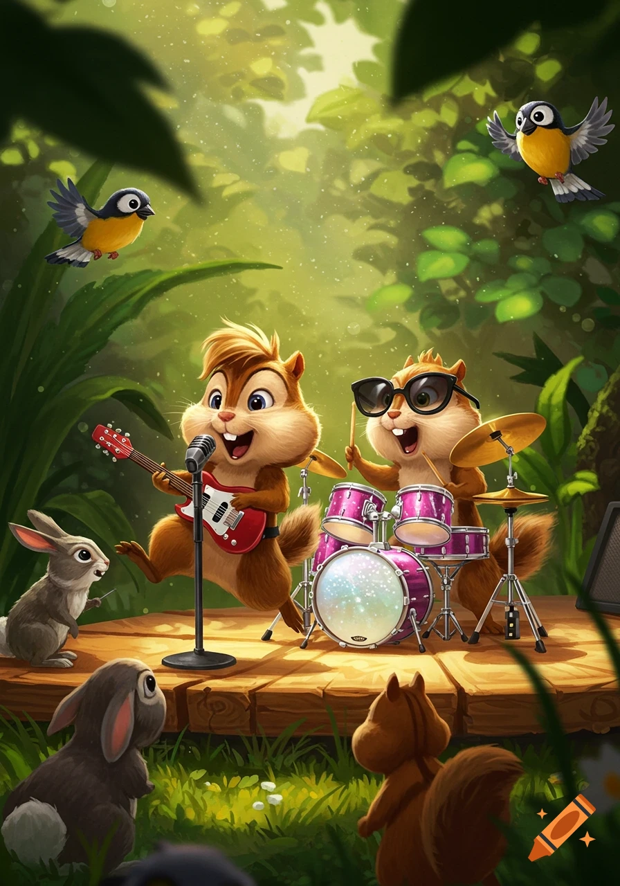 Two cartoon chipmunks play guitar and drums on a stage in a lush forest, watched by rabbits, birds, and other animals.