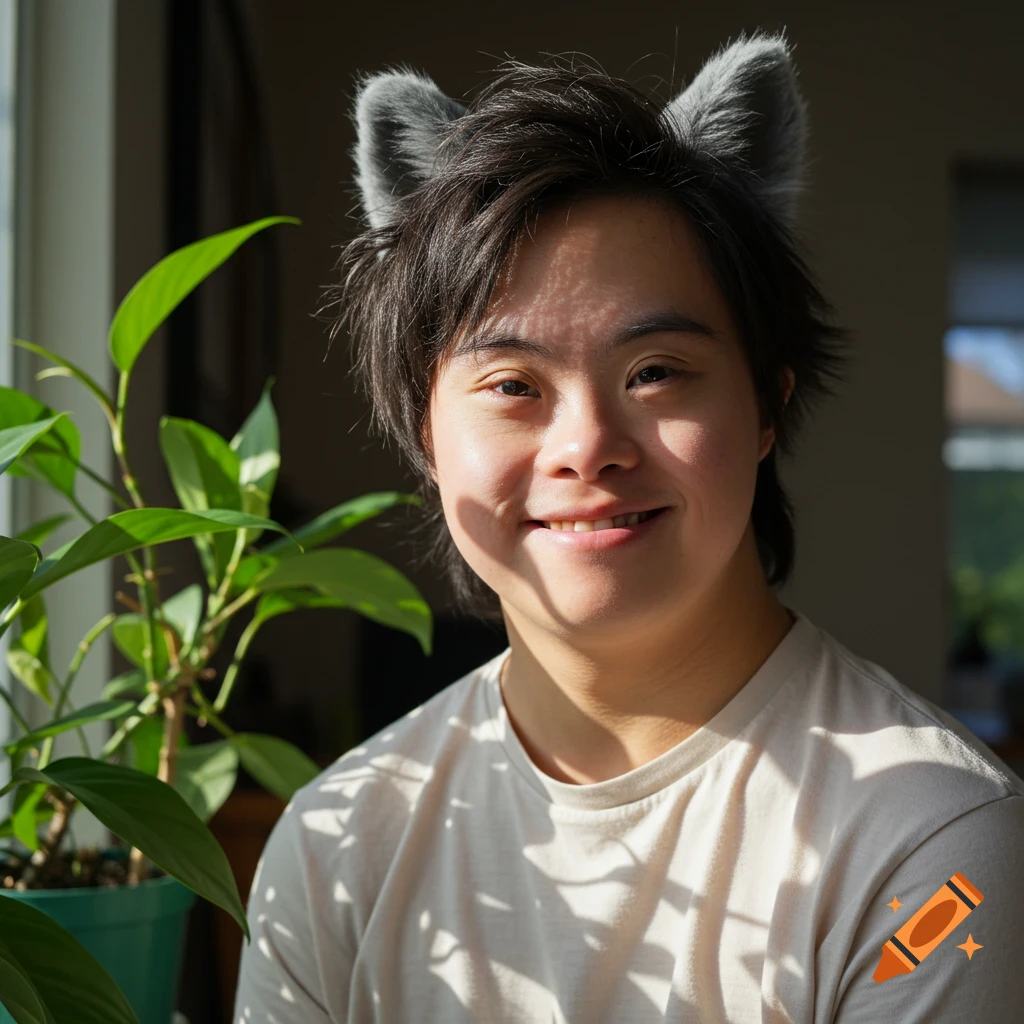 A young person with Down Syndrome wearing furry gray cat ears and a wolf cut hairstyle smiles while bathed in sunlight next to a green plant.