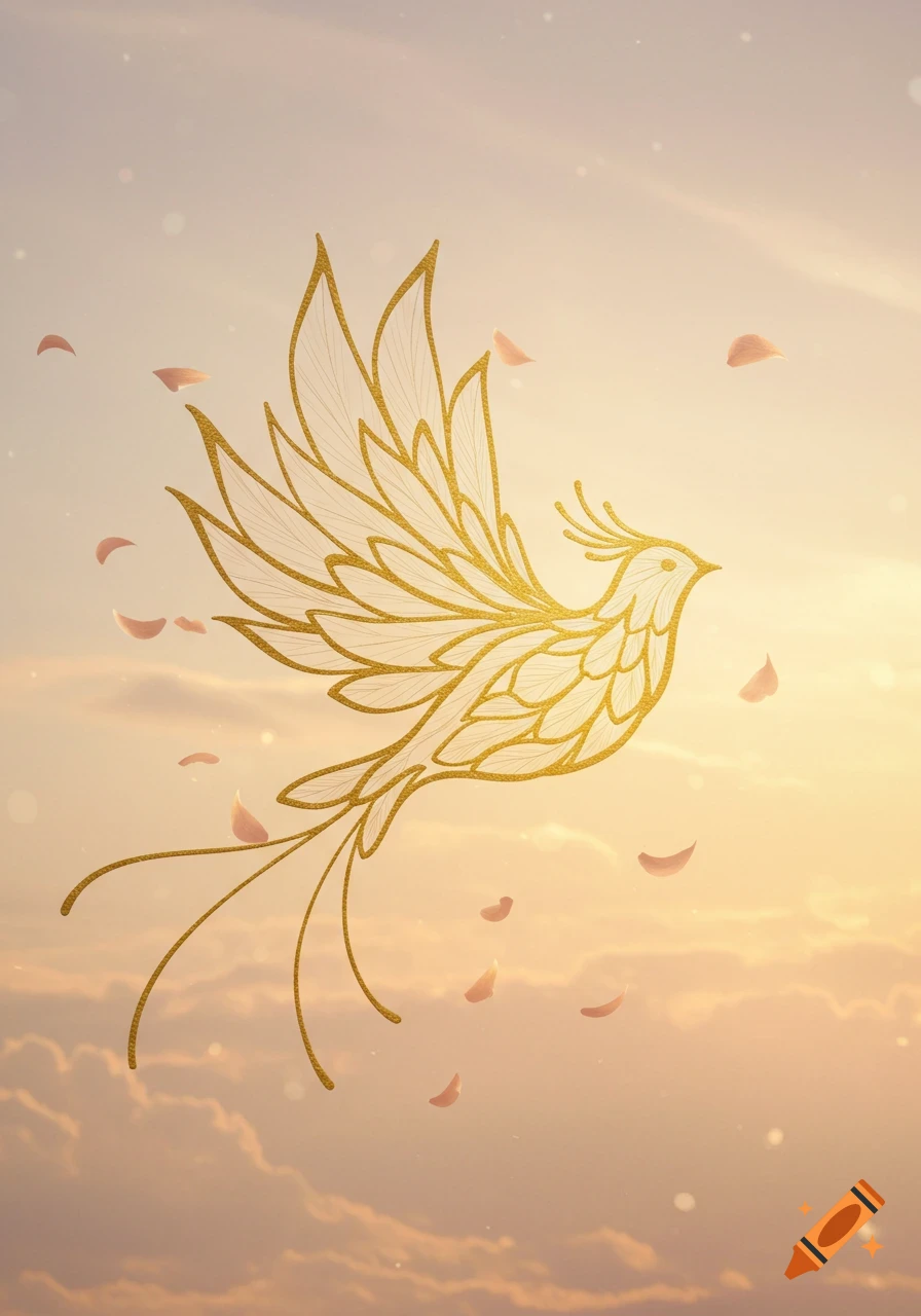 An elegant golden outline of a bird soaring against a warm, soft-hued sky with falling pink petals.