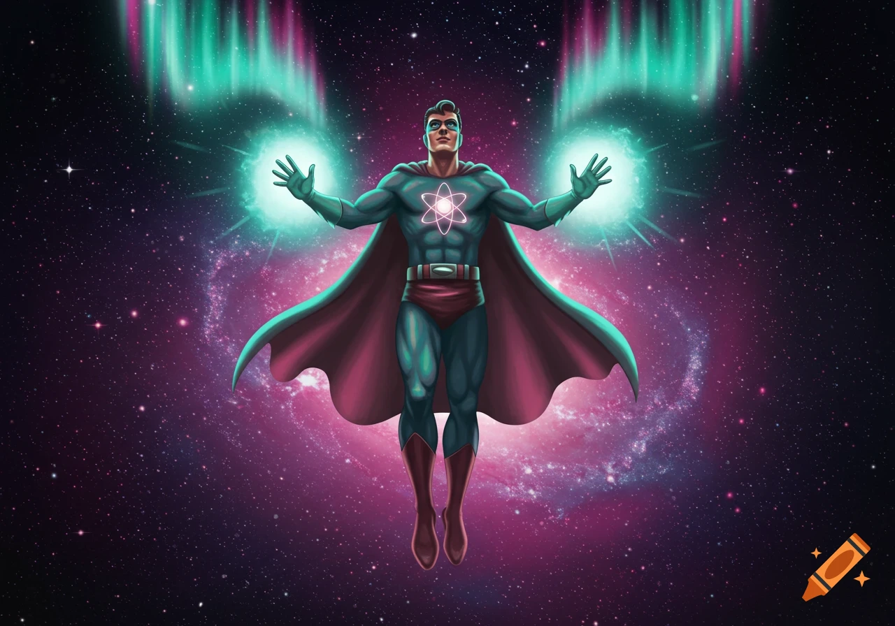 1950s-style superhero with atom symbol on chest floating in a vibrant galaxy with glowing hands and aurora lights.
