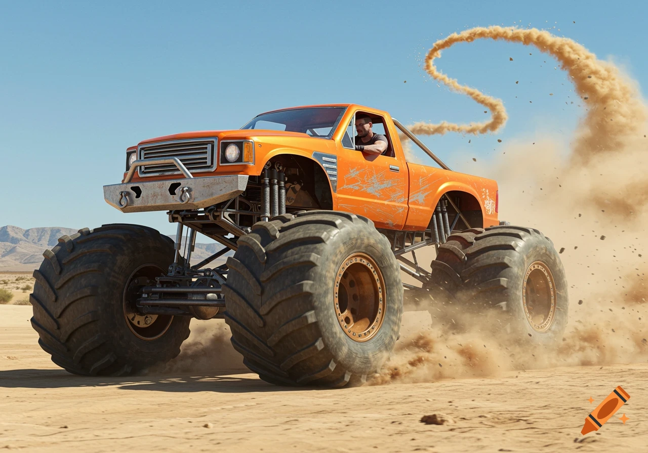 A photorealistic image of an orange monster truck kicking up dust in a desert, with a man driving.