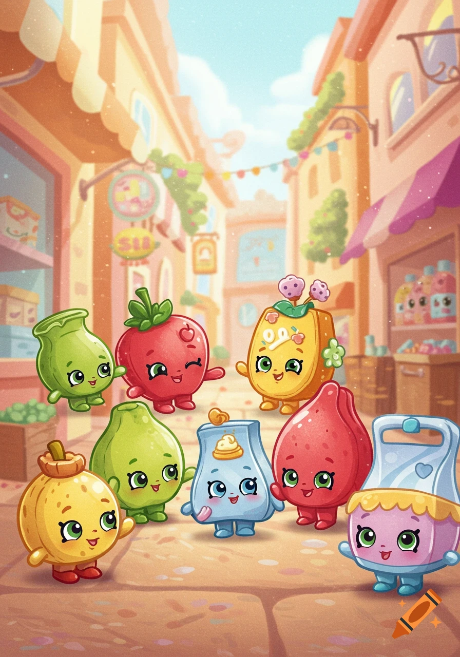 A colorful cartoon illustration of anthropomorphic fruit and household item characters with happy faces on a vibrant marketplace street.