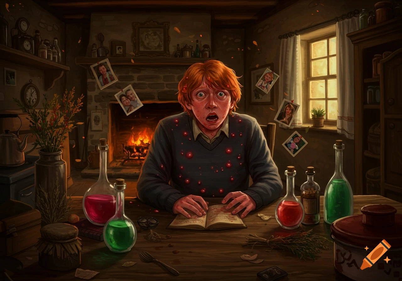 Ron Weasley panics in a dimly lit, rustic room, covered in glowing red hives, sitting at a wooden table with potions and an open book. Photos float around him near a fireplace.