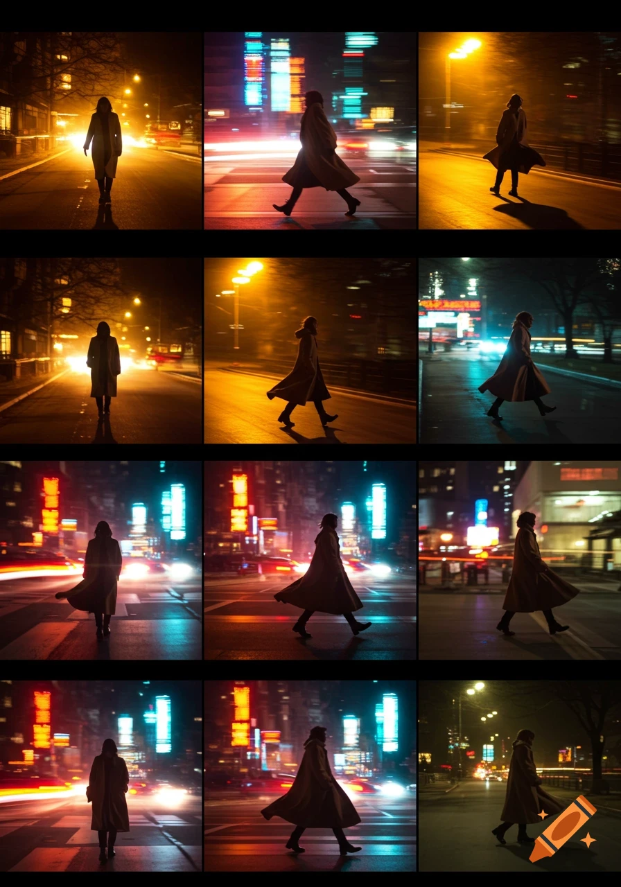 Twelve cinematic panels of a person in a coat walking on a wet city street at night with blurred neon lights and light trails.