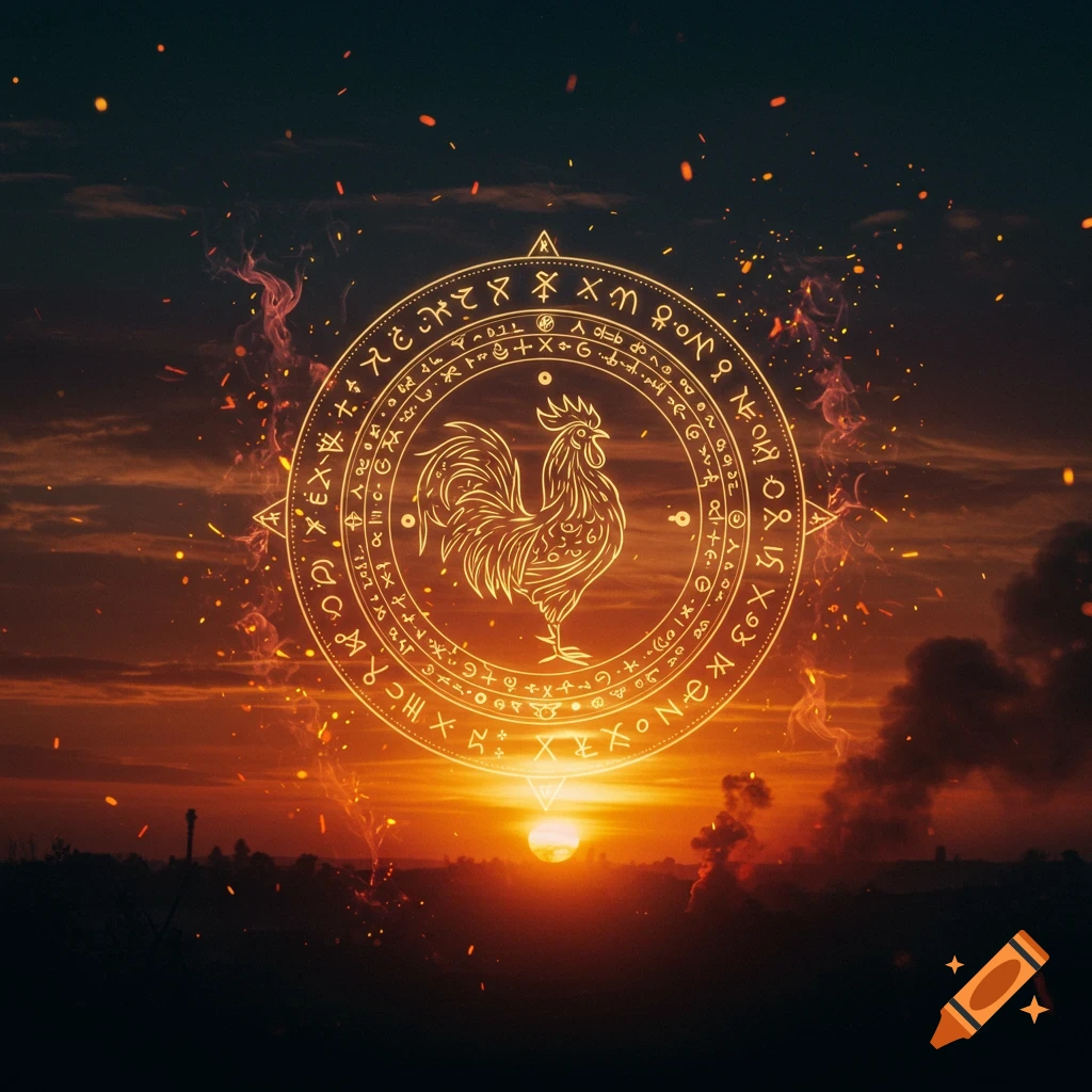 A glowing golden sigil with a rooster symbol against a dramatic sunset sky with smoke and embers.