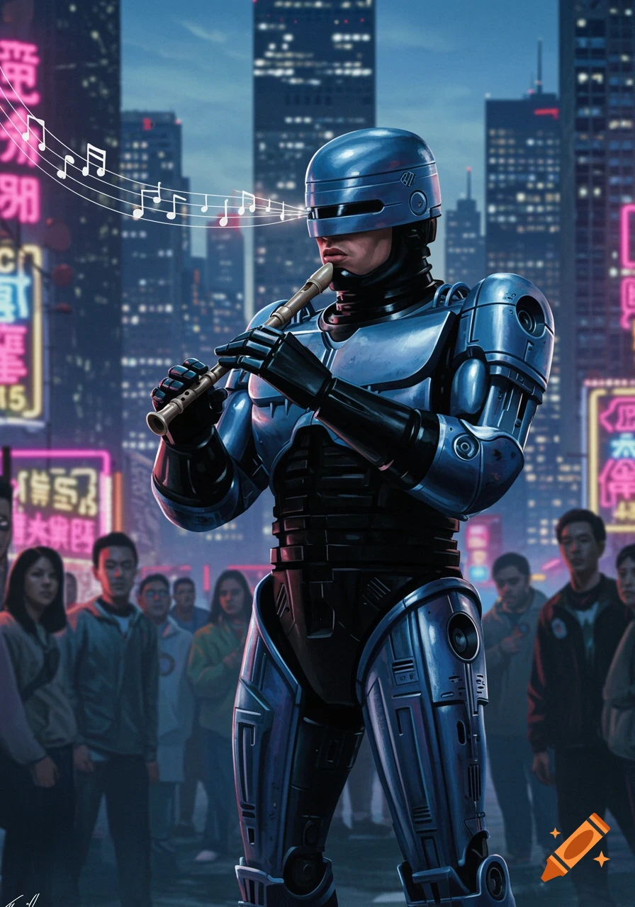 Robocop plays a recorder on a neon-lit city street at night, with blurred figures in the background.