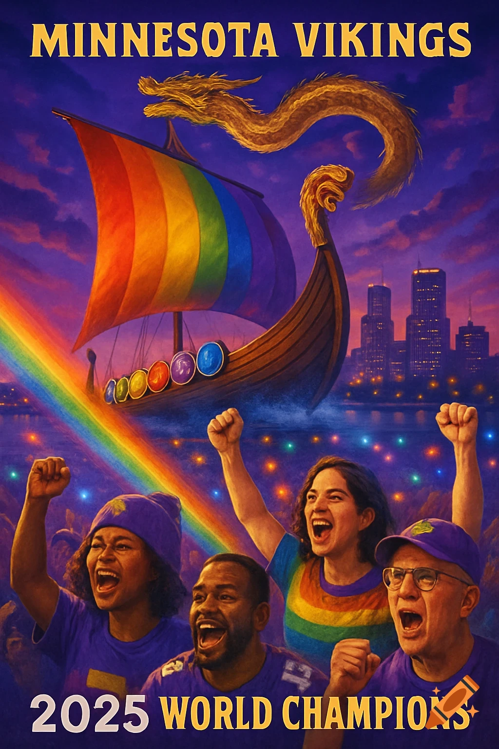A vibrant fan art poster for the Minnesota Vikings 2025 World Champions, featuring a Viking ship with a rainbow sail, a rainbow, and cheering fans in a cityscape.