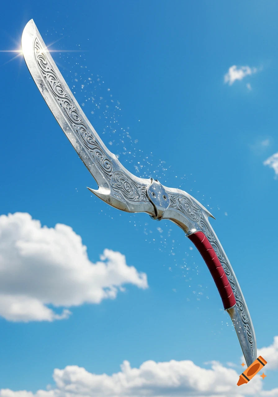 Ornate silver curved blade with a red hilt against a clear blue sky with white clouds, photorealistic style.