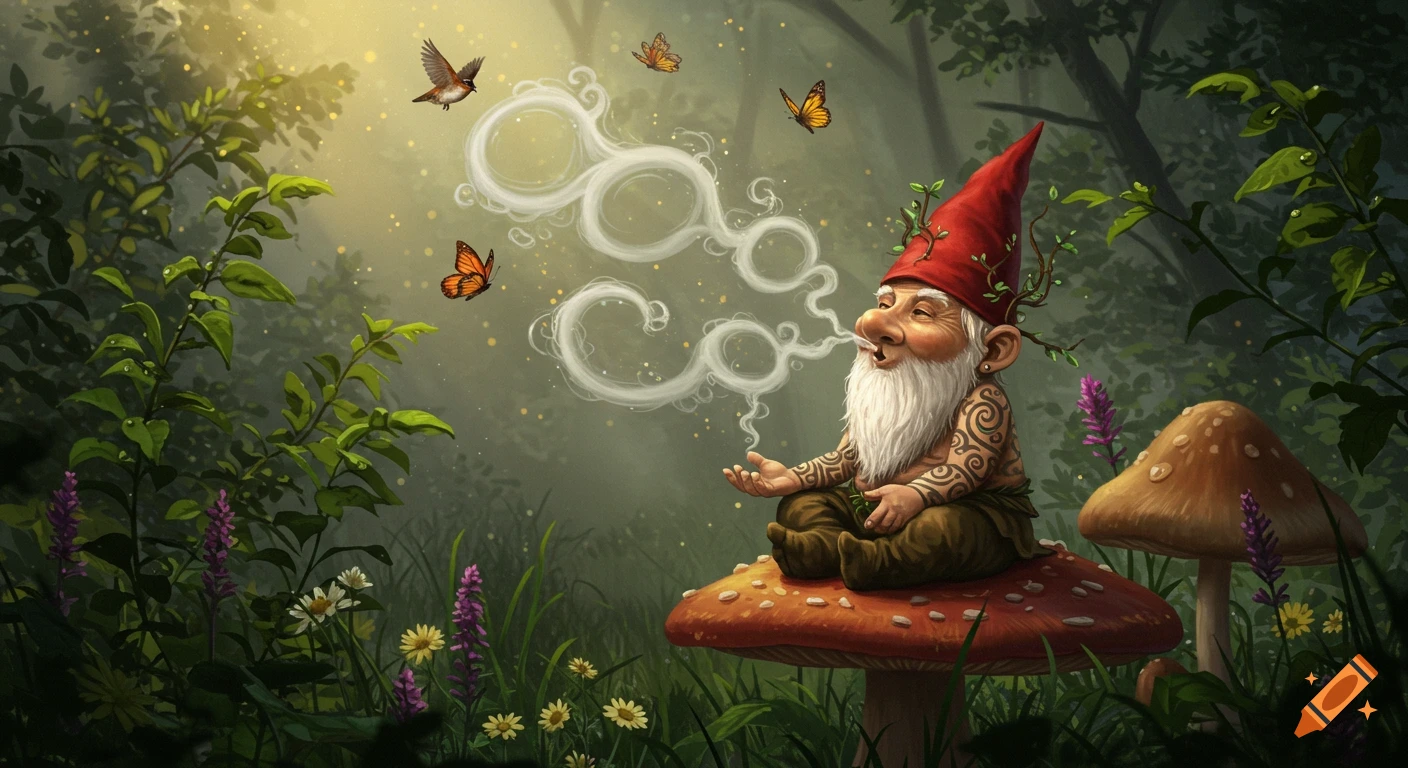 An ethereal gnome with a white beard and red hat sits cross-legged on a mushroom, blowing intricate smoke rings. Birds and butterflies fly around the smoke in a magical forest scene.