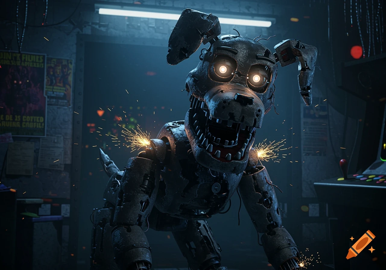 A weathered animatronic dog with glowing eyes and sparks flying from its joints stands in a dark, industrial room.