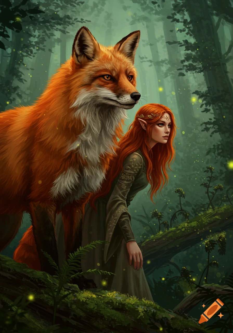 A red-haired elf woman in a green dress stands with a large red fox in a magical forest.