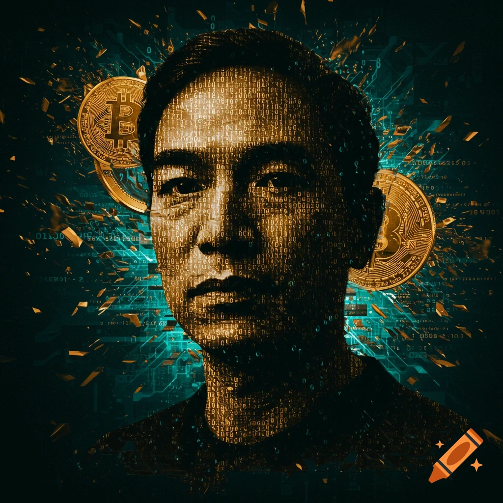 An abstract portrait of a man, his face and form composed of golden digital code, with two large Bitcoin symbols behind him against a dark, circuit-board inspired background.