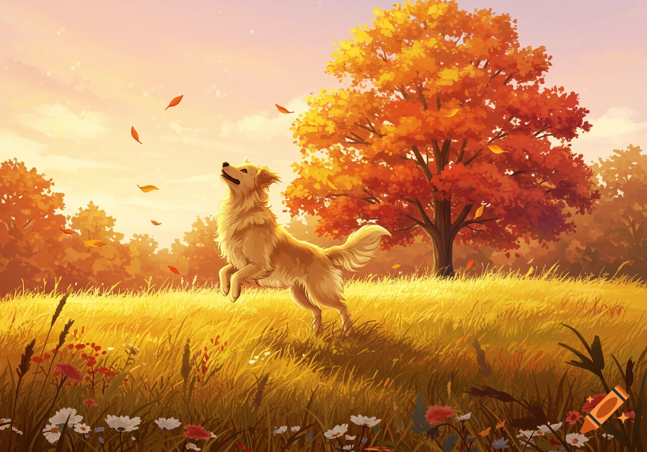 A golden retriever dog leaps in a golden autumn field with falling leaves and colorful trees under a warm sky, in an illustrative style.