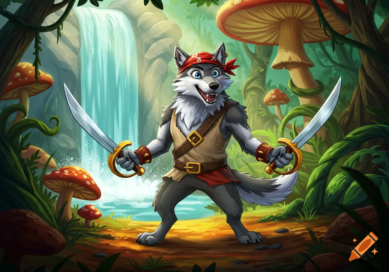 A cartoon wolf pirate with a red bandana holds two swords in a vibrant fantasy forest with a waterfall and giant mushrooms.