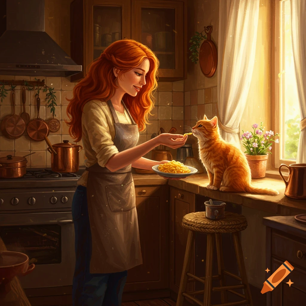A red-haired woman in an apron feeds macaroni to an orange cat in a sunlit, rustic kitchen.